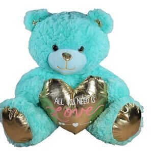 Valentines Day Plush Bear Stuffed Animal Adventure Mint Green Gold Love Heart